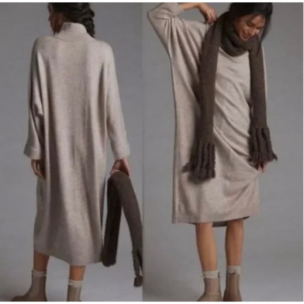 Anthropologie Saturday Sunday Tan Mock Neck Oversized Midi Dress. Size Medium